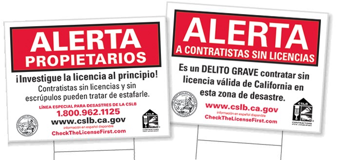 photos of the alerts posted at different areas in disaster areas warning unlicensed contractors not to work in those areas