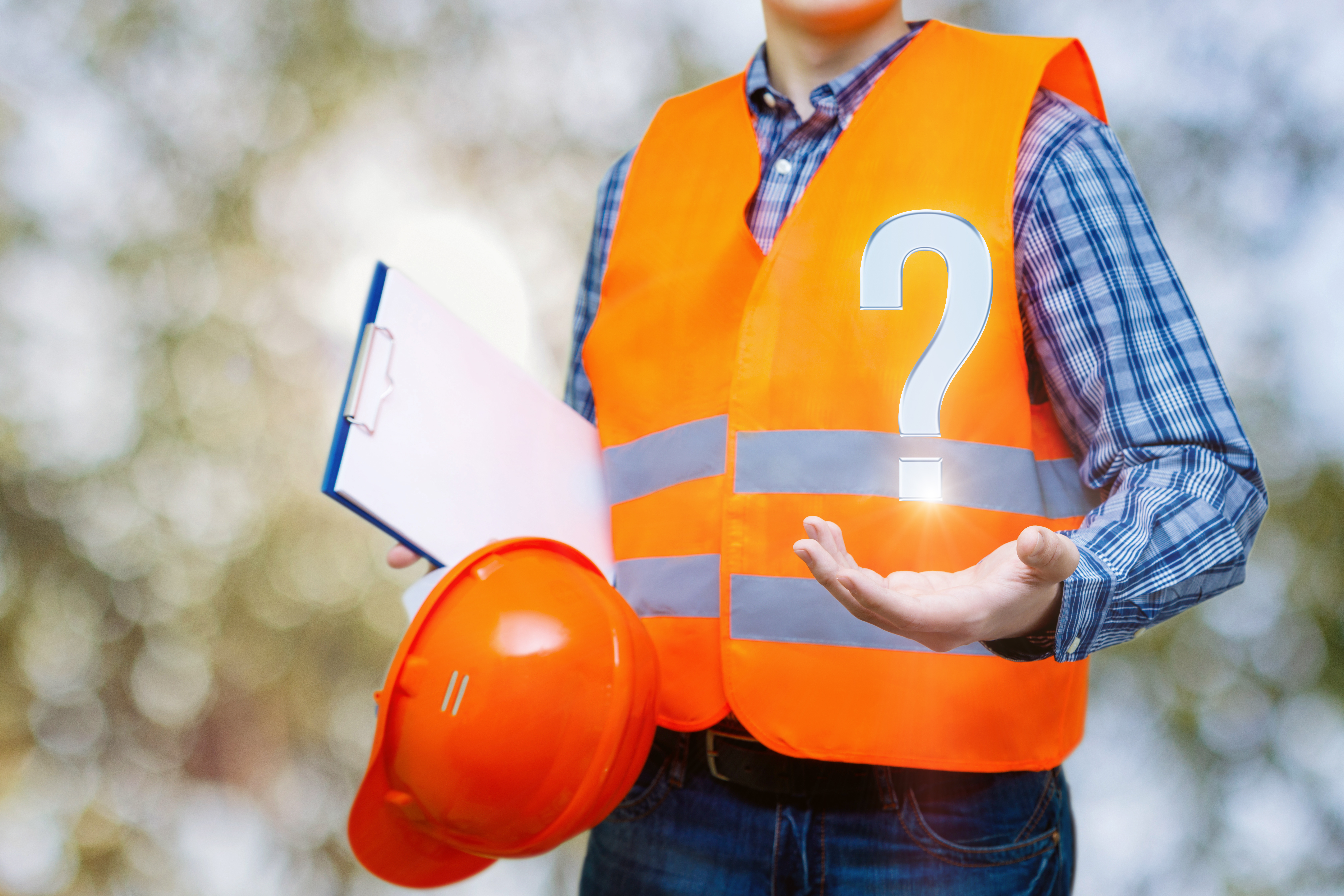 photo of a contractor wearing a safety vest with a question mark graphic floating in his hand with a clip board in his other hand